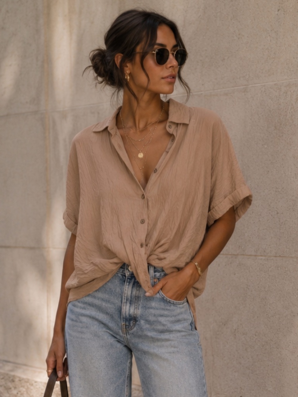 Beige Oversized Button Front Blouse Shirt Safari Utility Boho Casual Top